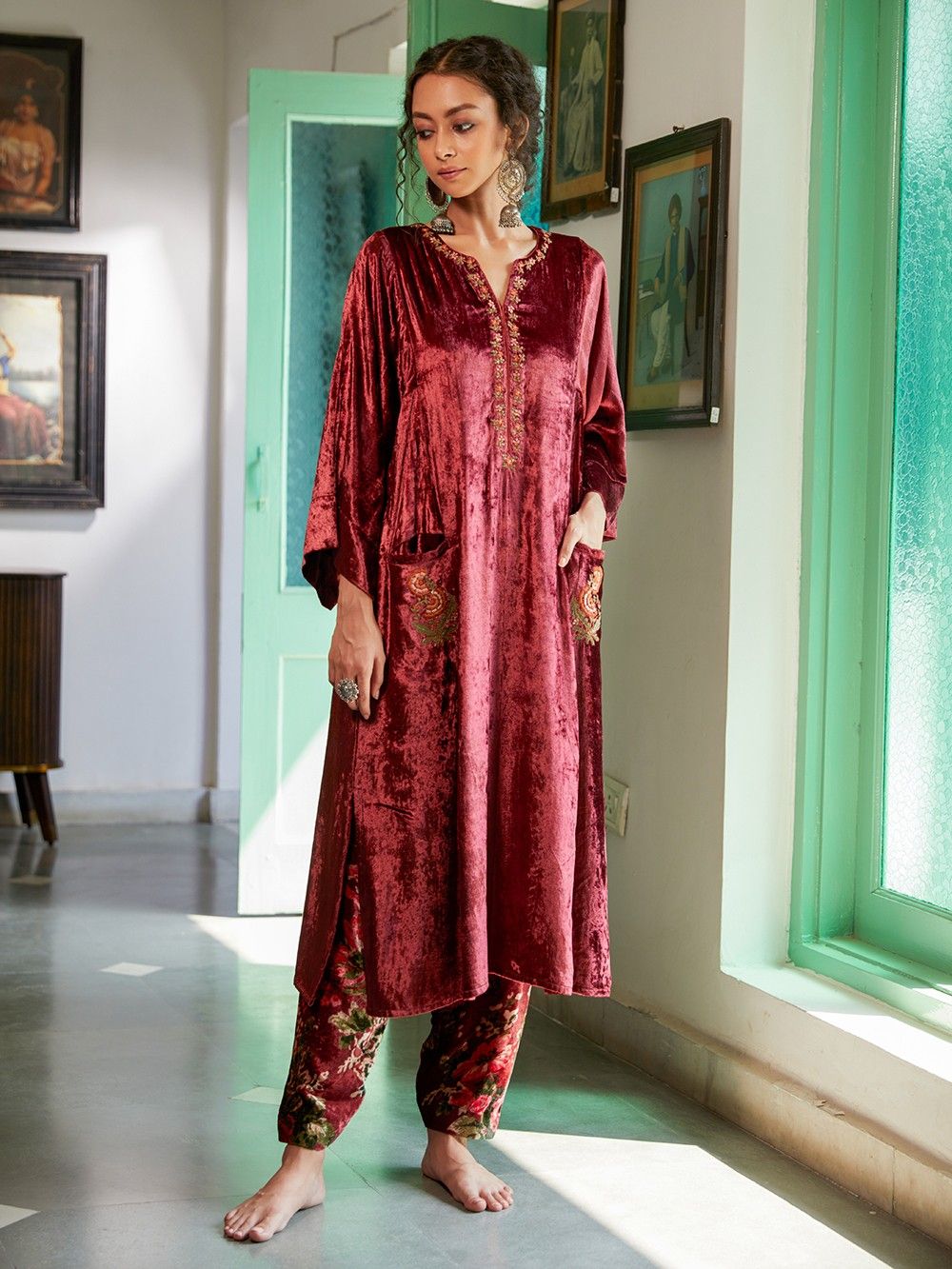 the loom - Maroon Velvet Choga 