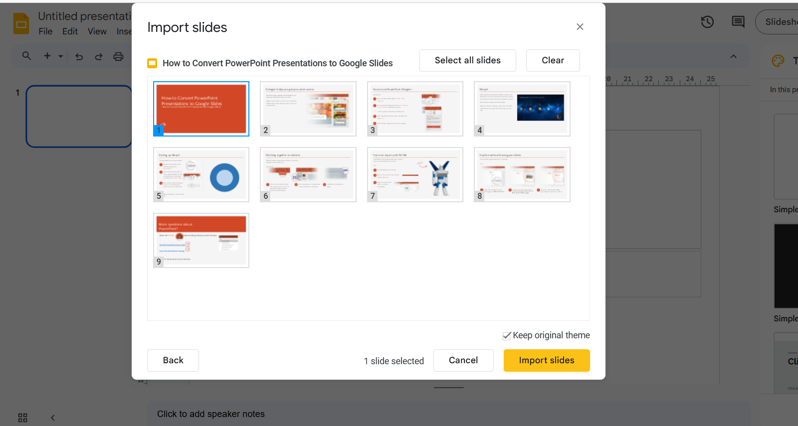 convert powerpoint to google slides with import option
