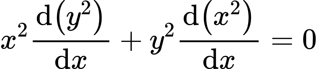 {"id":"6-1-1-2-1-1-1","font":{"family":"Arial","size":10,"color":null},"type":"align*","code":"\\begin{align*}\n{x^{2}\\diff{\\left(y^{2}\\right)}{x}+y^{2}\\diff{\\left(x^{2}\\right)}{x}}&={0}\t\n\\end{align*}","ts":1598697744359,"cs":"5qp9/kzfwcaHzgUApx/iYQ==","size":{"width":168,"height":36}}