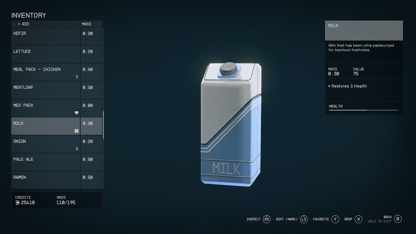 An in game screenshot of the inventory screen, showing Milk and its heath buffs from Starfield. 
