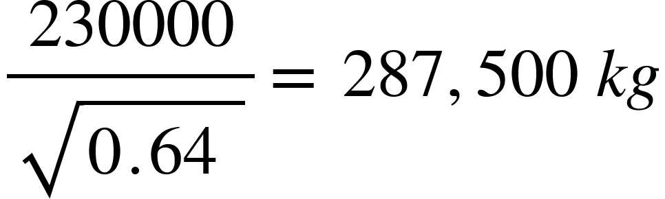 <math xmlns="http://www.W3.Org/1998/Math/MathML"><mfrac><mn>230000</mn><msqrt><mn>0</mn><mo>.</mo><mn>64</mn><mo>&#xA0;</mo></msqrt></mfrac><mo>=</mo><mo>&#xA0;</mo><mn>287</mn><mo>,</mo><mn>500</mn><mo>&#xA0;</mo><mi>k</mi><mi>g</mi></math>