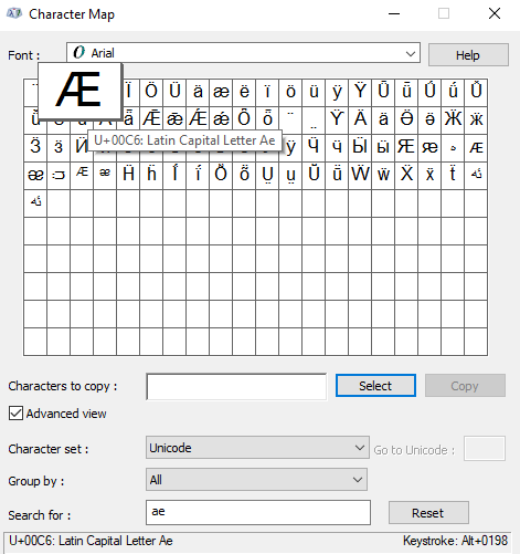 searching for ae Symbols text in character map view