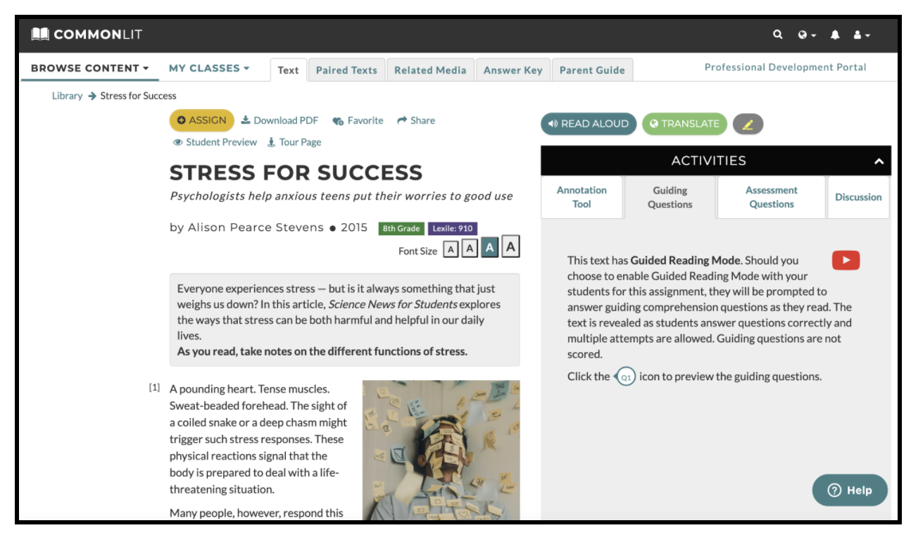 CommonLit's text "Stress for Success"