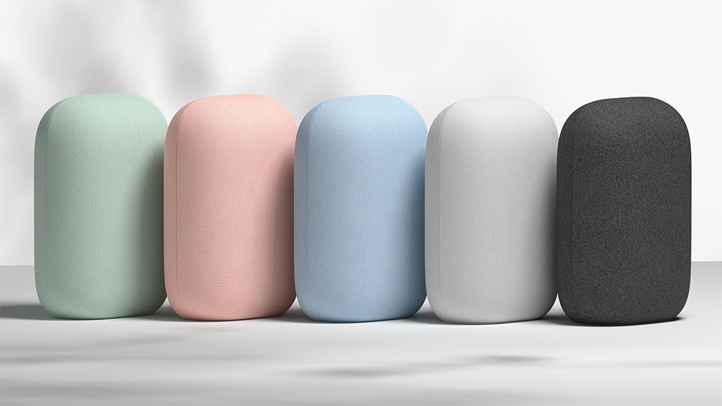 Photograph of multiple different Nest speakers in different colours