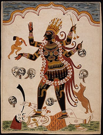 In this illustration, Kali is depicted with four arms and standing on top of Shiva.   