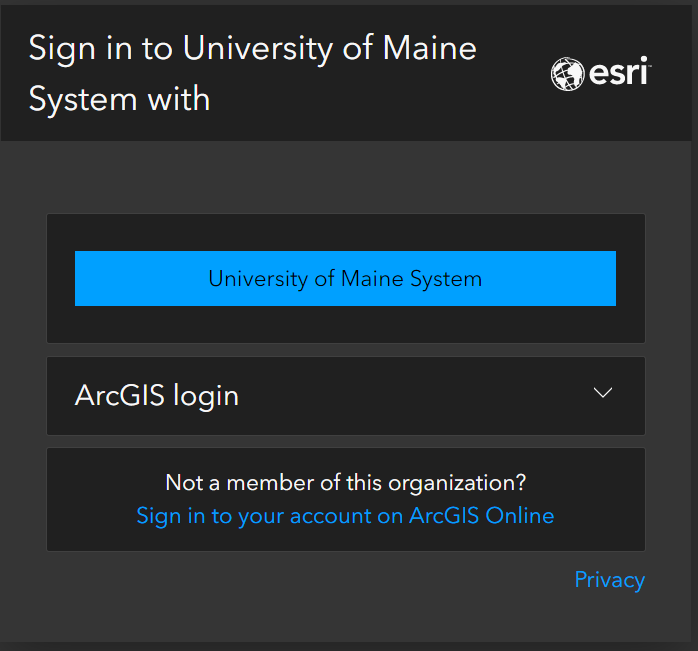 ESRI single sign-on page with University of Maine System highlighted.