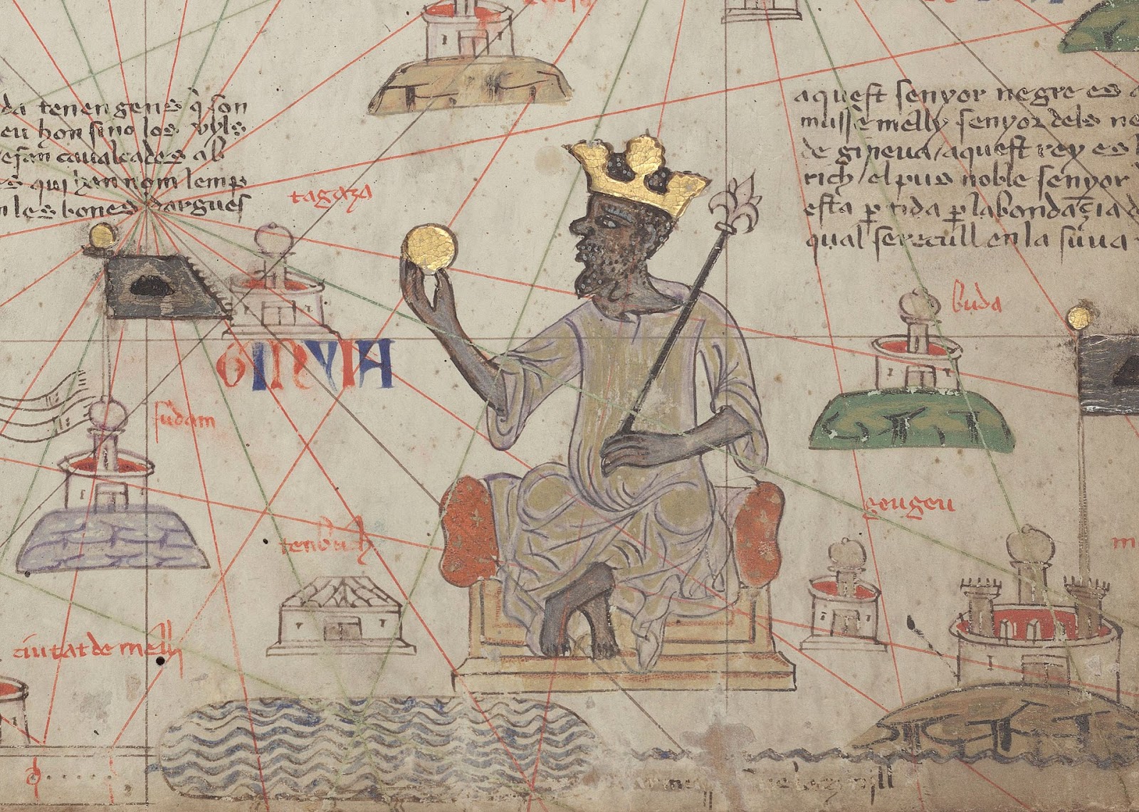 Mansa Musa as a large figure sitting on a throne overlooking buildings with a gold crown, gold scepter, and holding a gold coin.