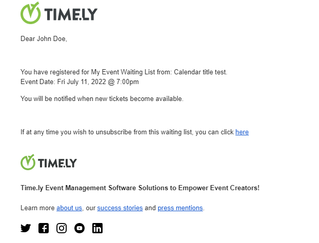 example of new email template that is sent to waiting list subscribers 