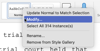 Word for Mac, Home Tab, Style Section, cursor pointed to "Modify"