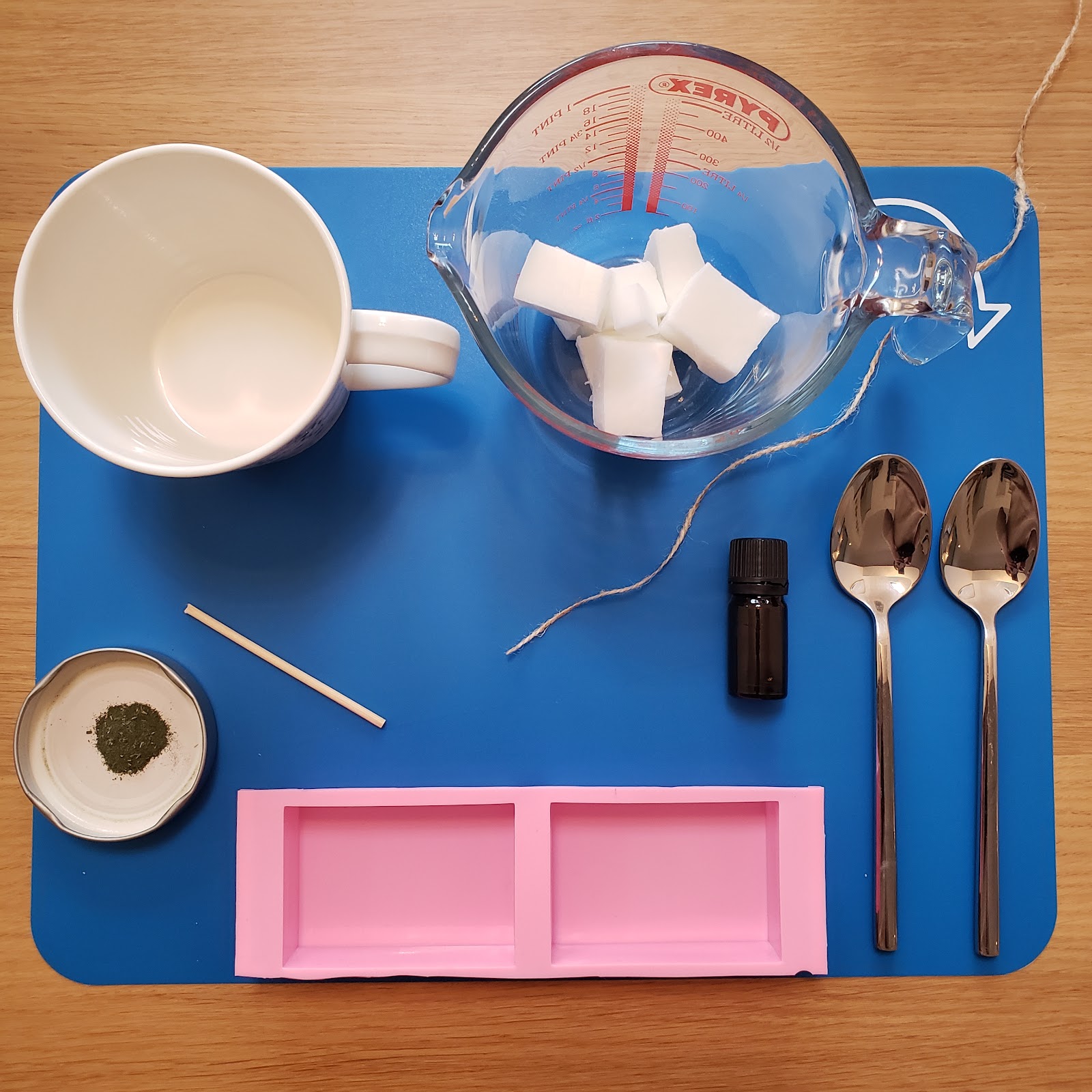 Layout all the ingredients and equipment of your soap-making kit on a safe & clean working surface