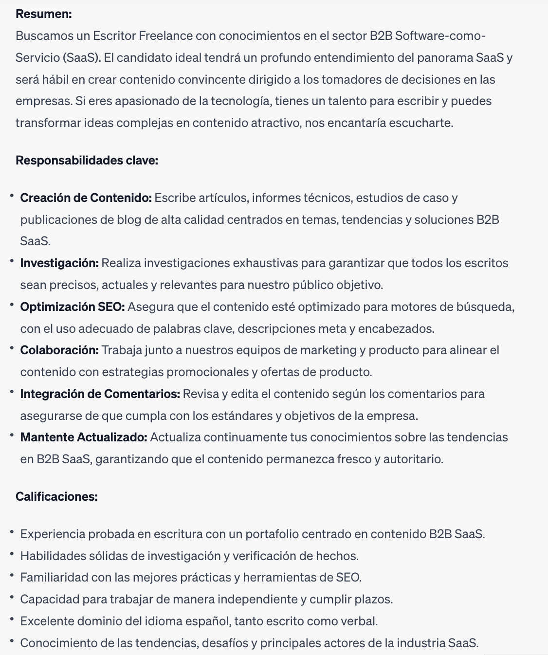 Job description translated into Spanish.