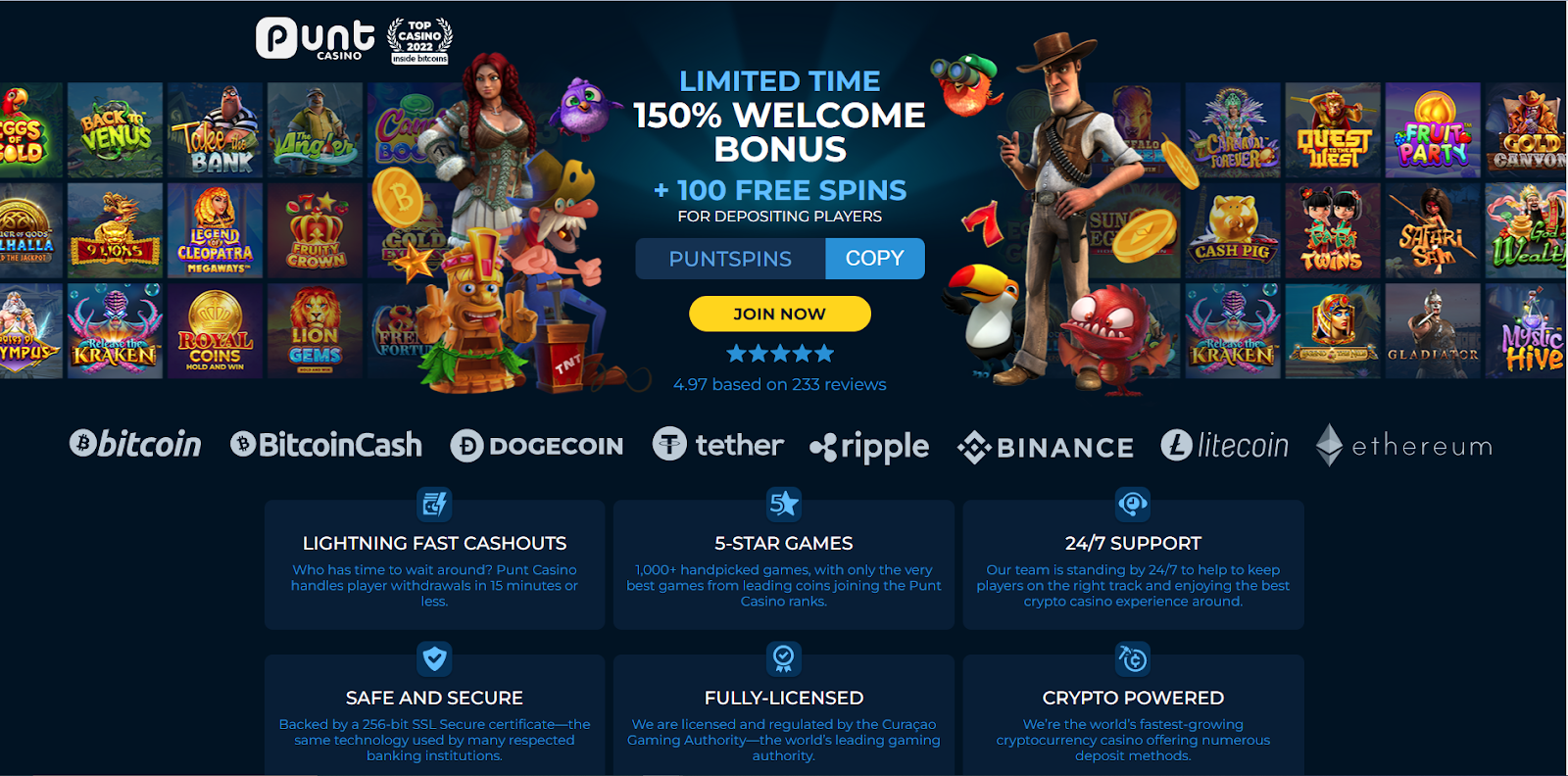 11. Punt Casino - Up to 150% & 100 Free Spins