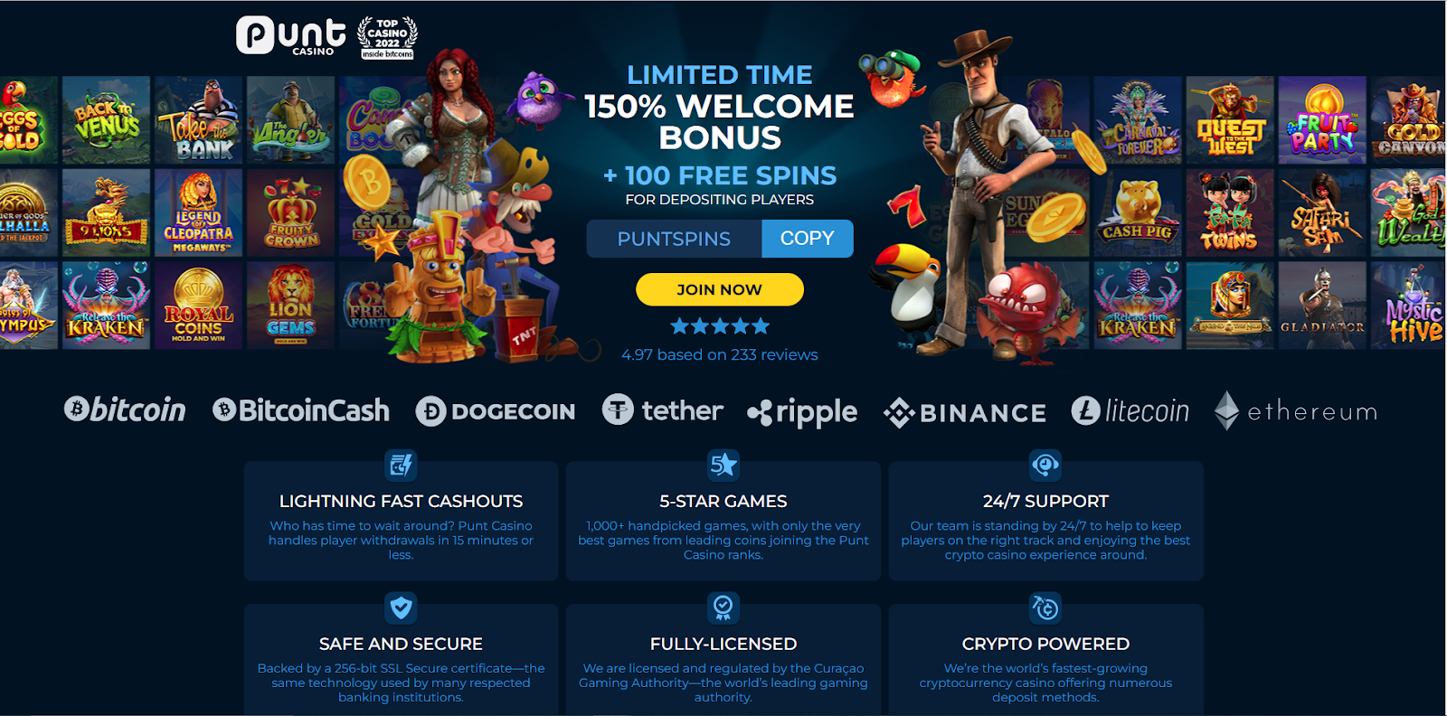 11. Punt Casino - Hasta 150% y 100 giros gratis