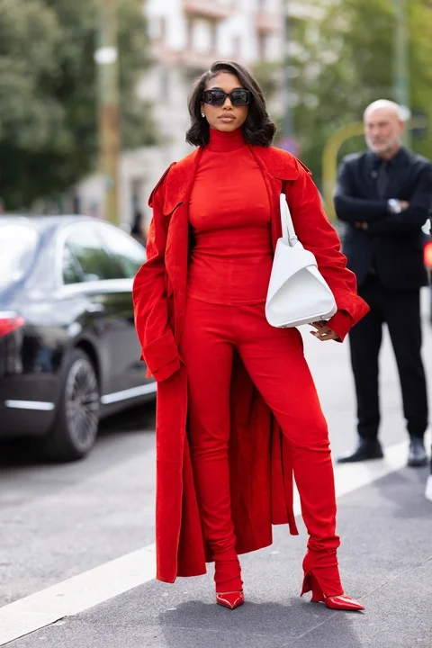 Lori Harvey in red for Milan Fashion Week 2023