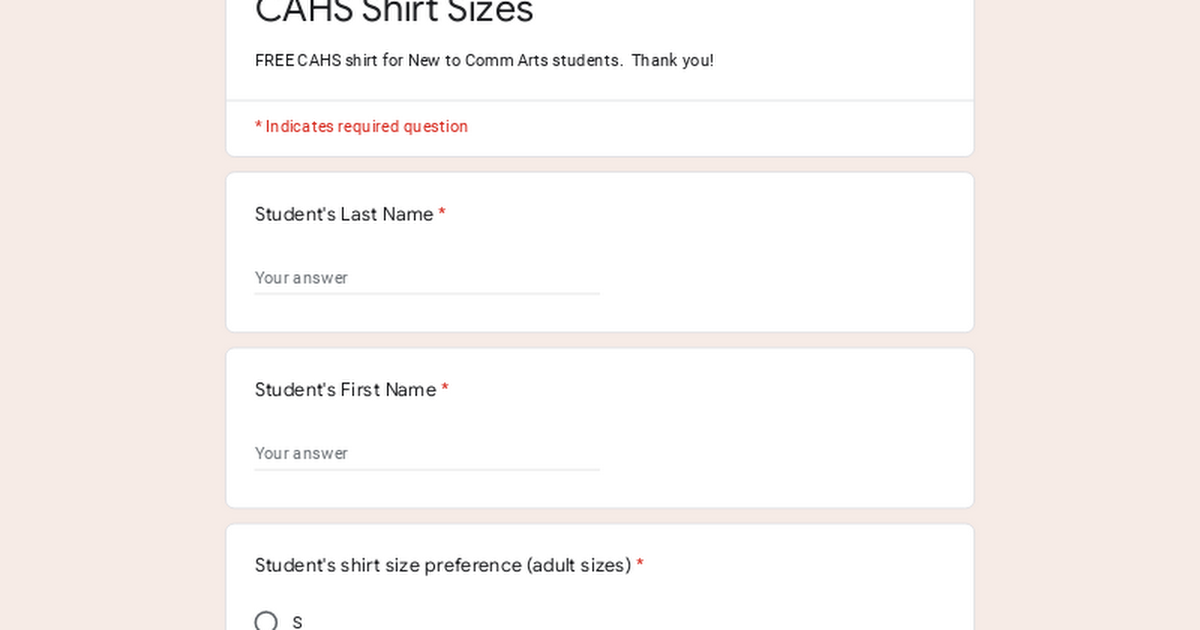 CAHS Shirt Sizes