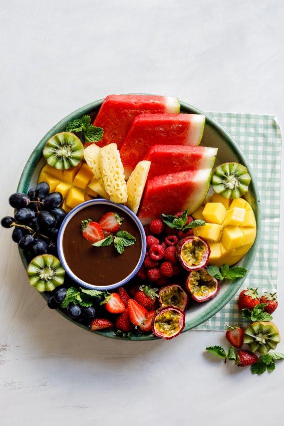 Fruit platter with coconut chocolate ganache