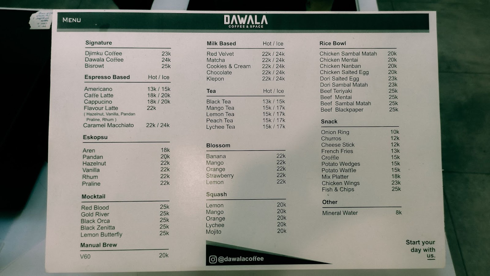 Menu Dawala Coffee & Space