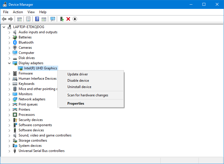 Device Manager app with the display adapters setting selected.