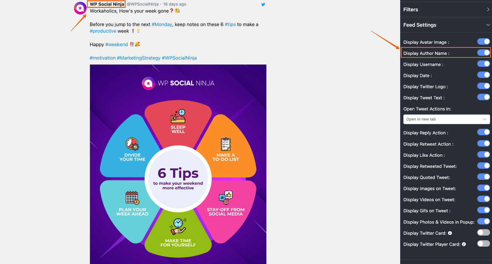 Twitter feed settings: Display Author Name