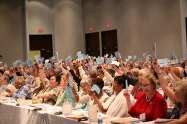 A large group of mainly female-presenting individual sit at long tables in what appears to be a conference hall. Many are holding up a blue piece of paper. 