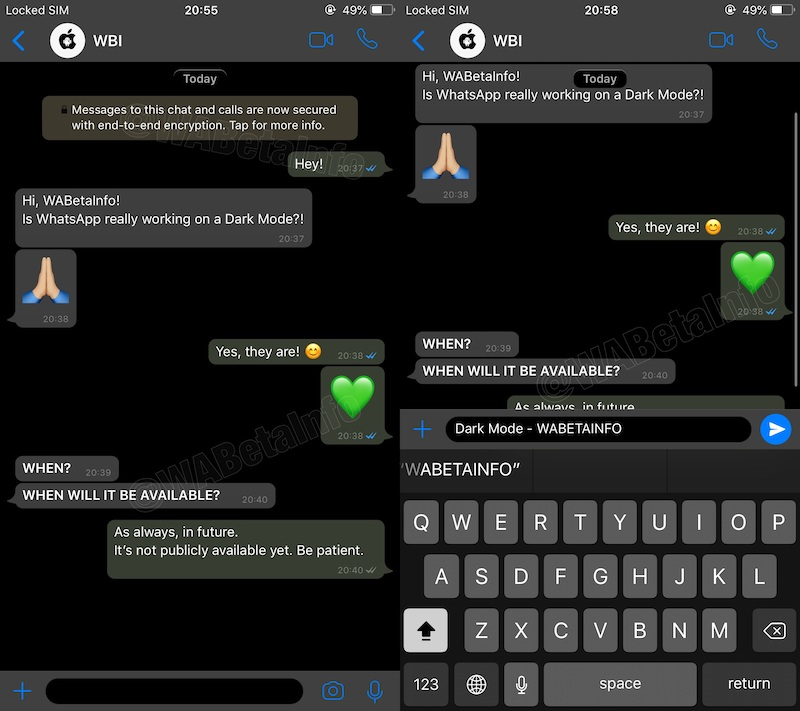 dark mode in its app in iphone whatsapp touch ID feature