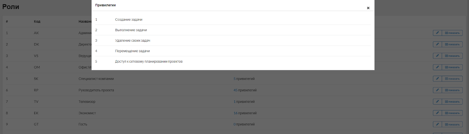 Рис. 1. Доступные действия (Привилегии) роли Специалист в программе DevIS