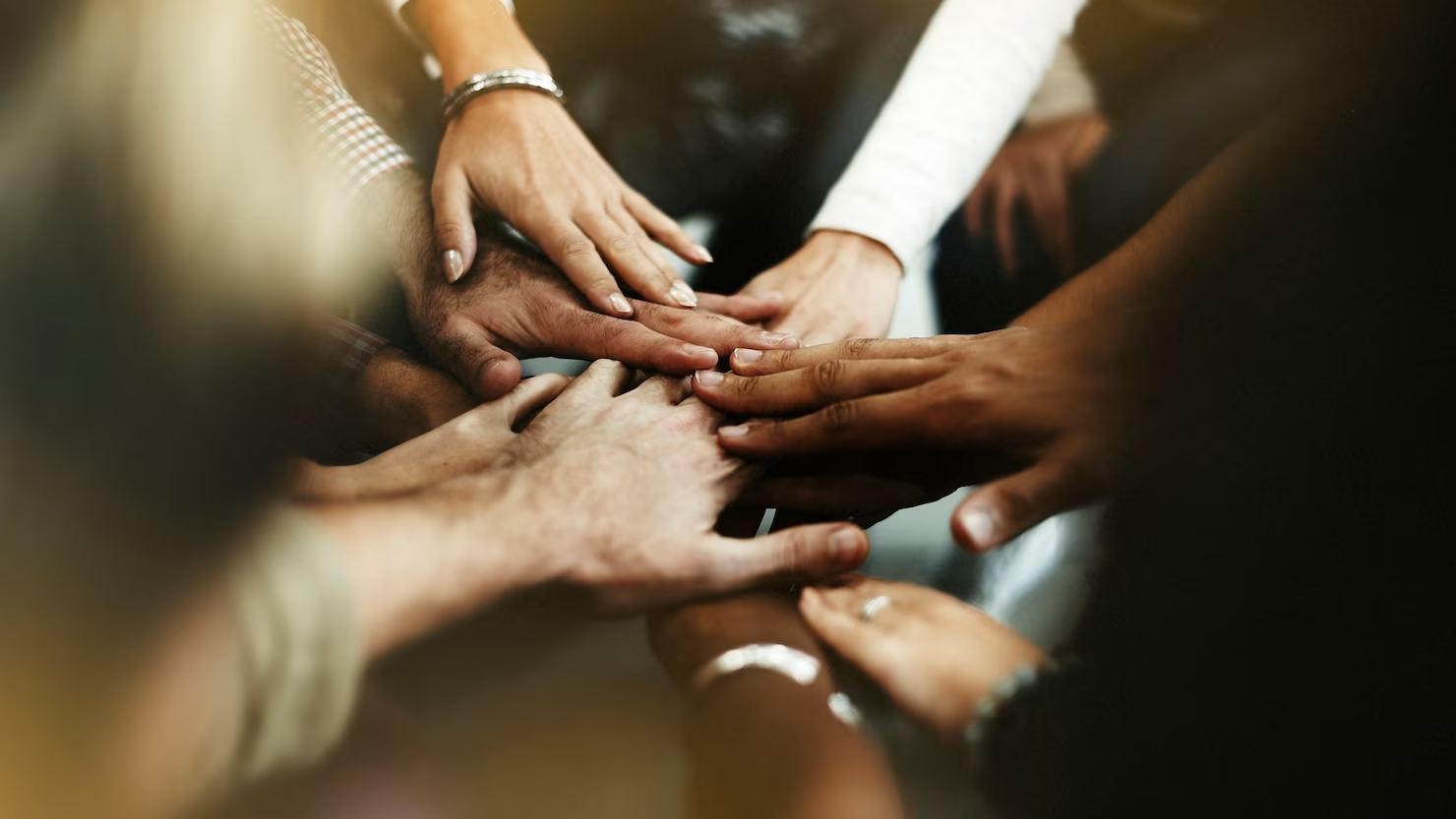 closeup of diverse people joining their hands