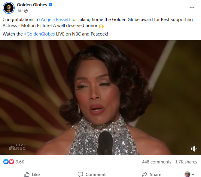 A post from The Golden Globe's Facebook page celebrating Angela Basnett's Golden Globe award.