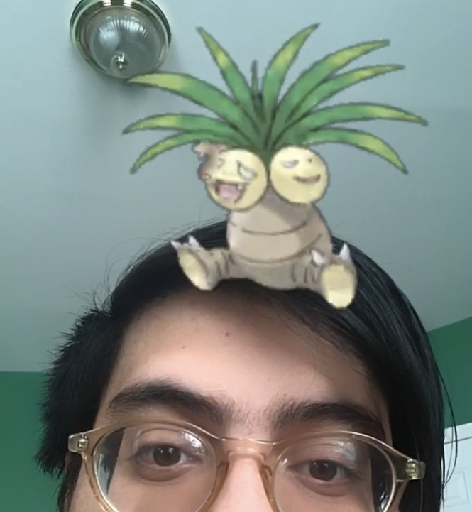 Photo of the top half of a man's head with black hair and brown eyes. An image of the Pokémon Exeggutor sits on his head.
