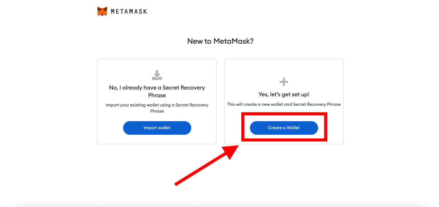 MetaMask webpage showing the option to create a new wallet