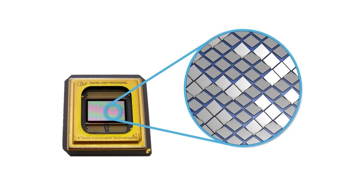 An image of a digital micromirror device (DMD) from Texas Instruments, the microchip at the heart of digital light processing technology. A magnified inset is an illustration of the tiny individually controllable mirrors within the DMD.