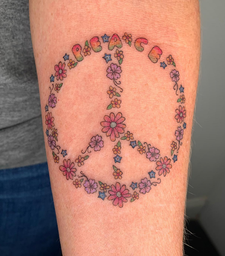 Colorful Small Flower & Peace Word Tattoo