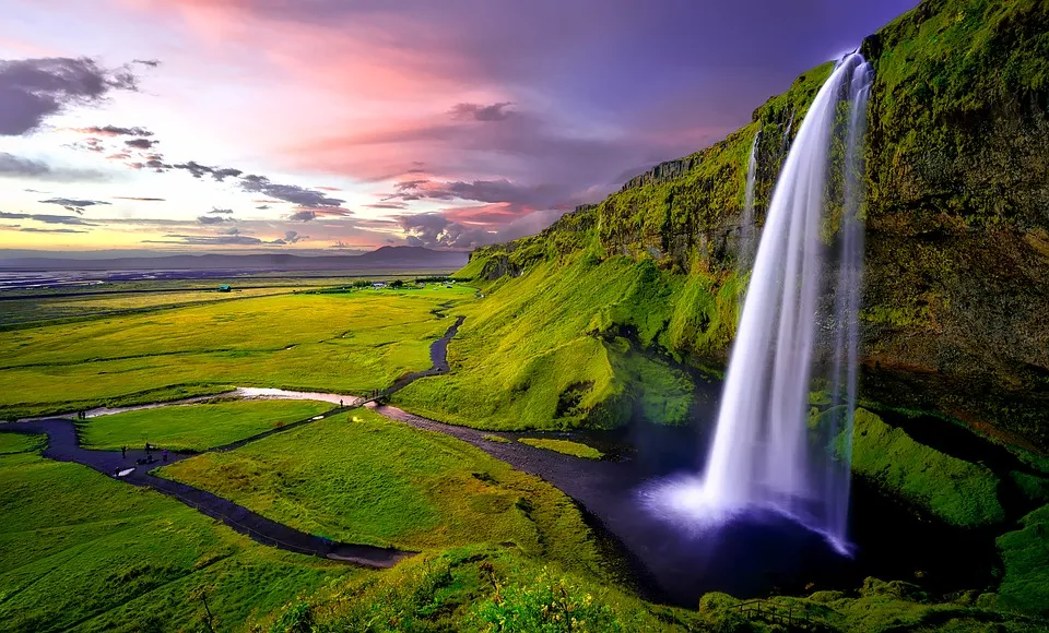 Iceland, Waterfall, Falls, Mountains, Sunset, Dusk, Sky