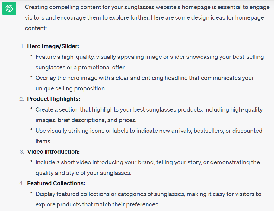 ChatGPT’s response to design ideas for homepage content