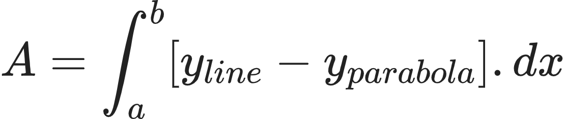 {"code":"\\begin{align*}\n{A}&={\\int_{a}^{b}\\left[y_{line}-y_{parabola}\\right].dx}\t\n\\end{align*}","font":{"family":"Arial","size":10,"color":"#222222"},"type":"align*","id":"1-0-4-3-2","ts":1603452697464,"cs":"2dnpofG/WQ+vaOYT3zEOkQ==","size":{"width":184,"height":38}}