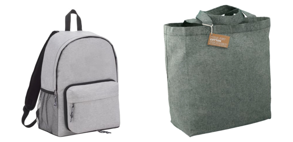 A light gray backpack with a black zipper and a dark green rectangular tote bag.