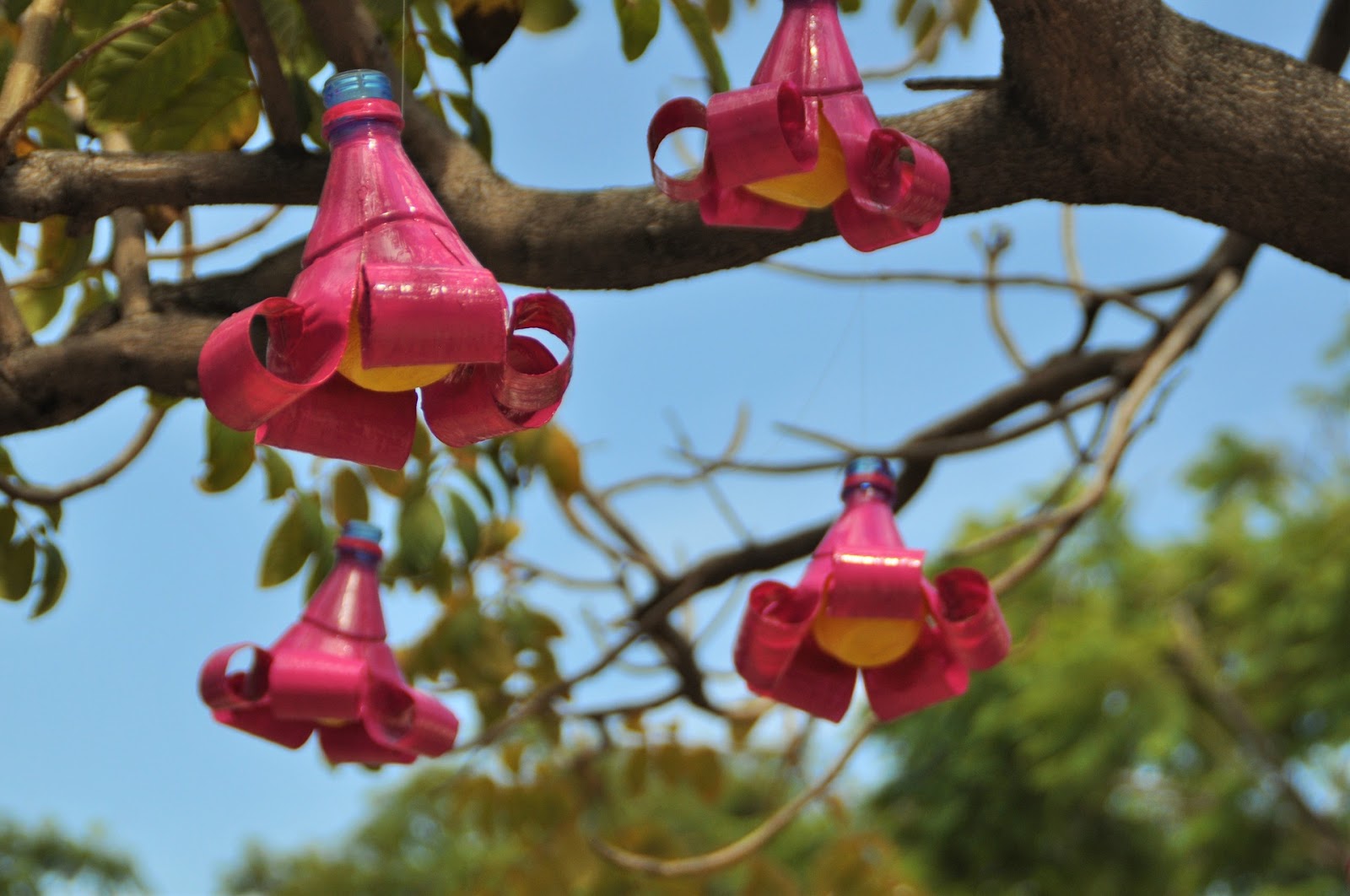 A tree with pink decorations hanging