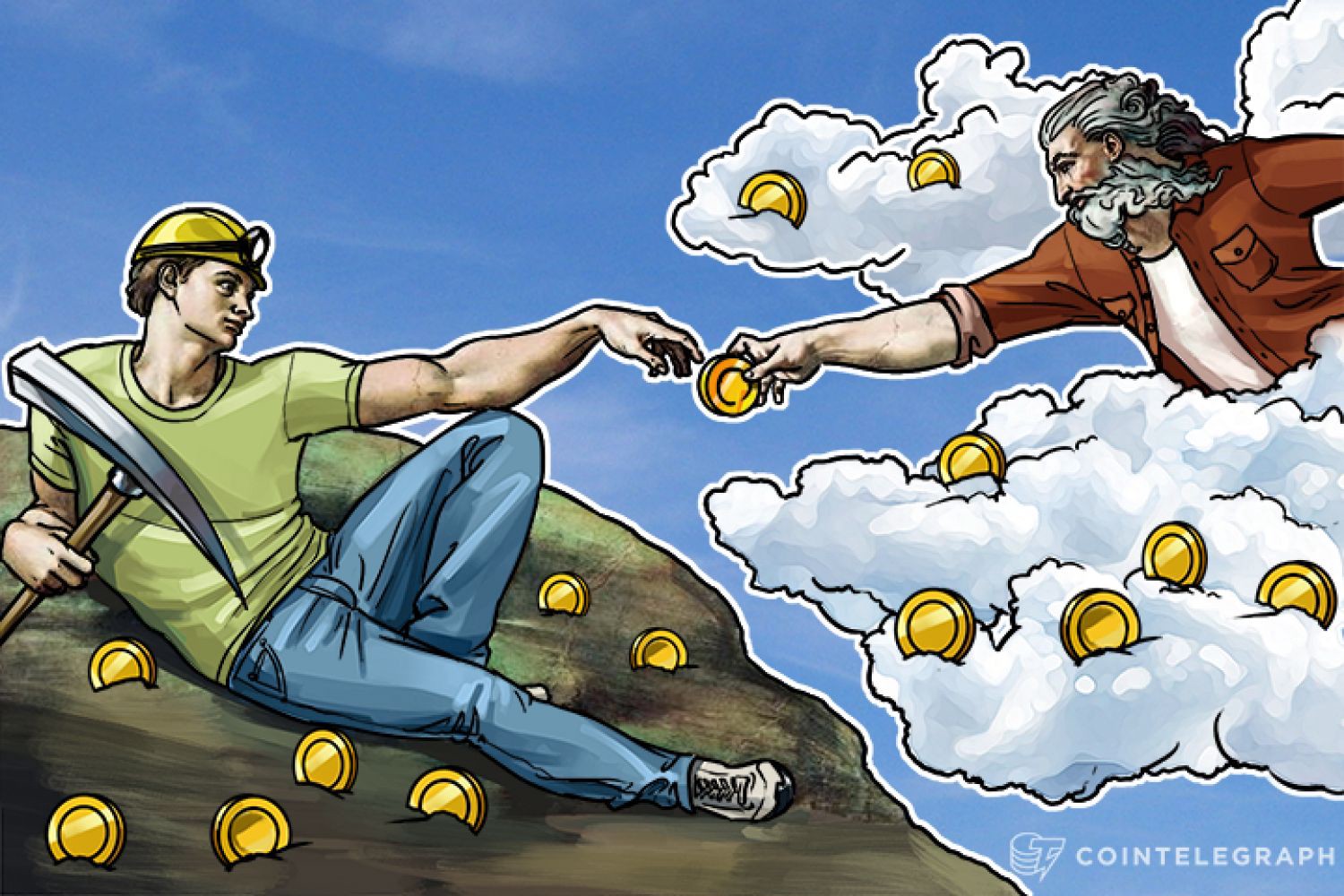 The Creation of Adam painting with Bitcoins