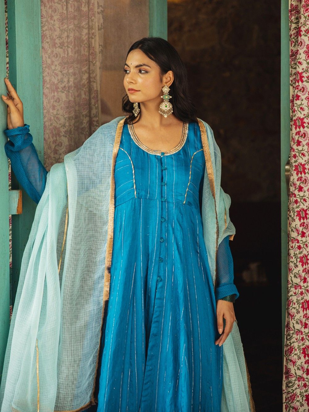 the loom - Blue Gota Chanderi Blend Anarkali Kurta