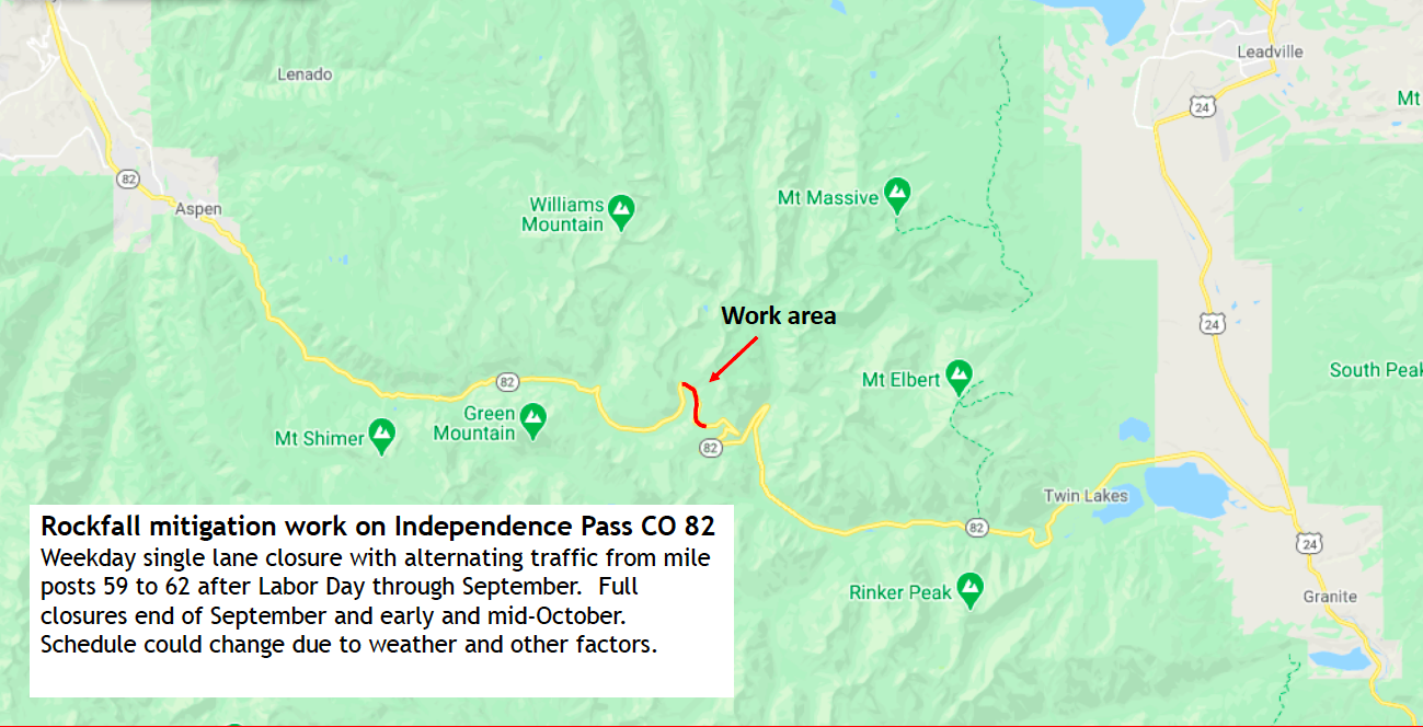 Map of work area along CO 82 for rockfall safety work on Independence Pass 