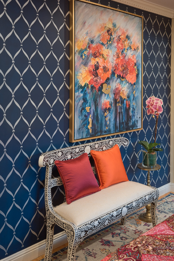 raashi-design-alamo-ca-statement-wallpaper-blue-pattern-wallpaper-with-bench-and-floral-art