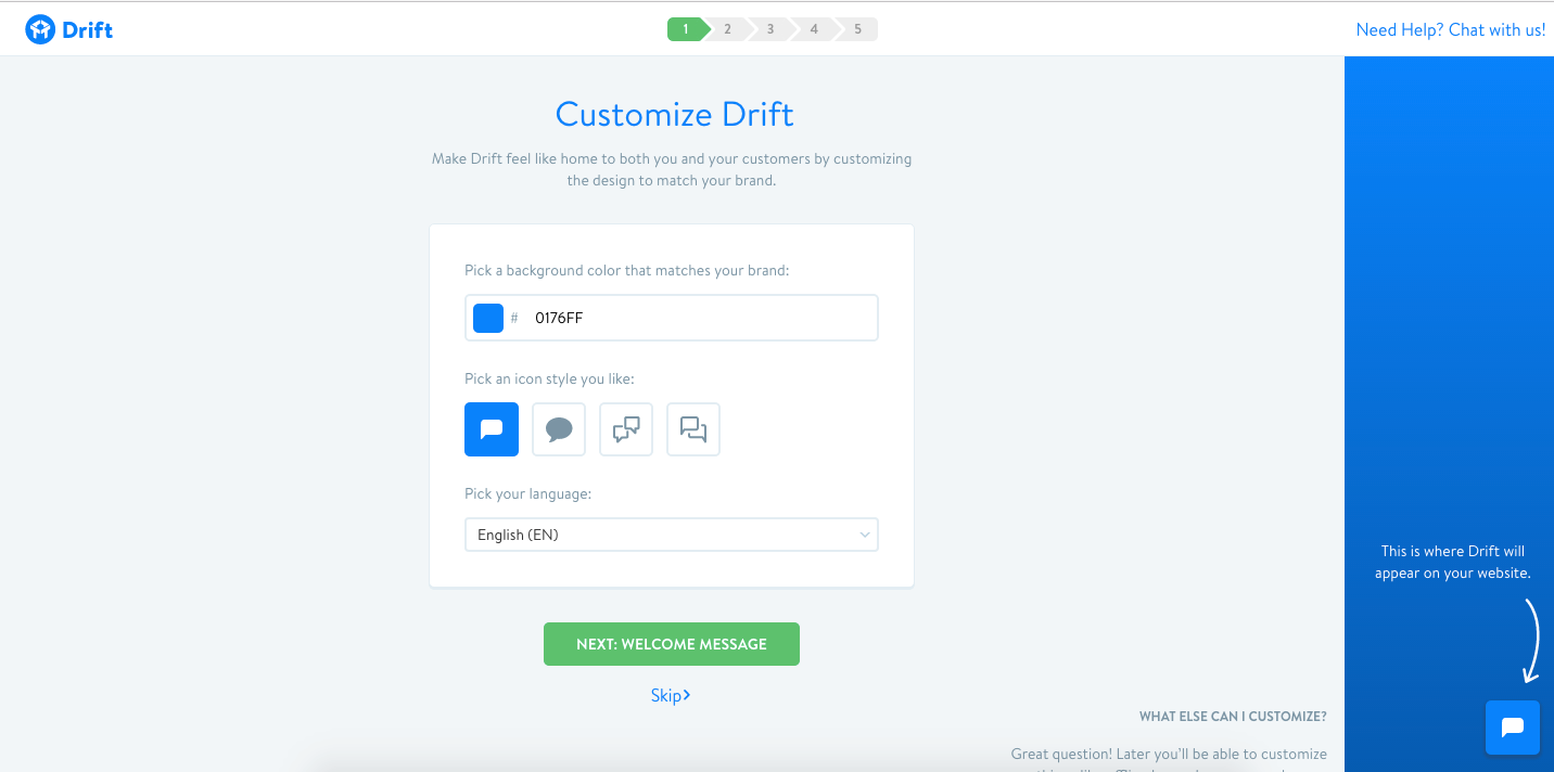 screenshot of a step in Drift onboarding process - customizing colors and content