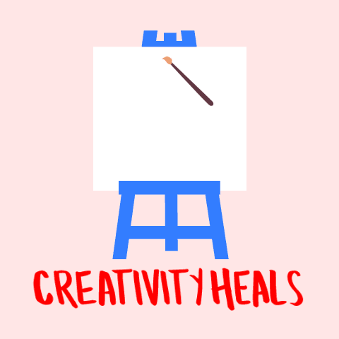 gif of animated graphic that says "'creativity heals" while it's painting a picture.