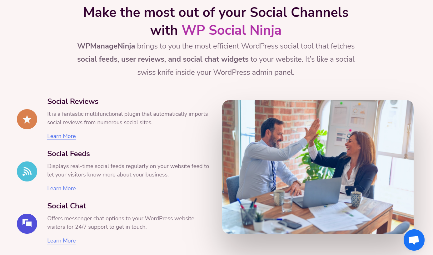 WP Social Ninja features, social reviews, social feeds,
social chats