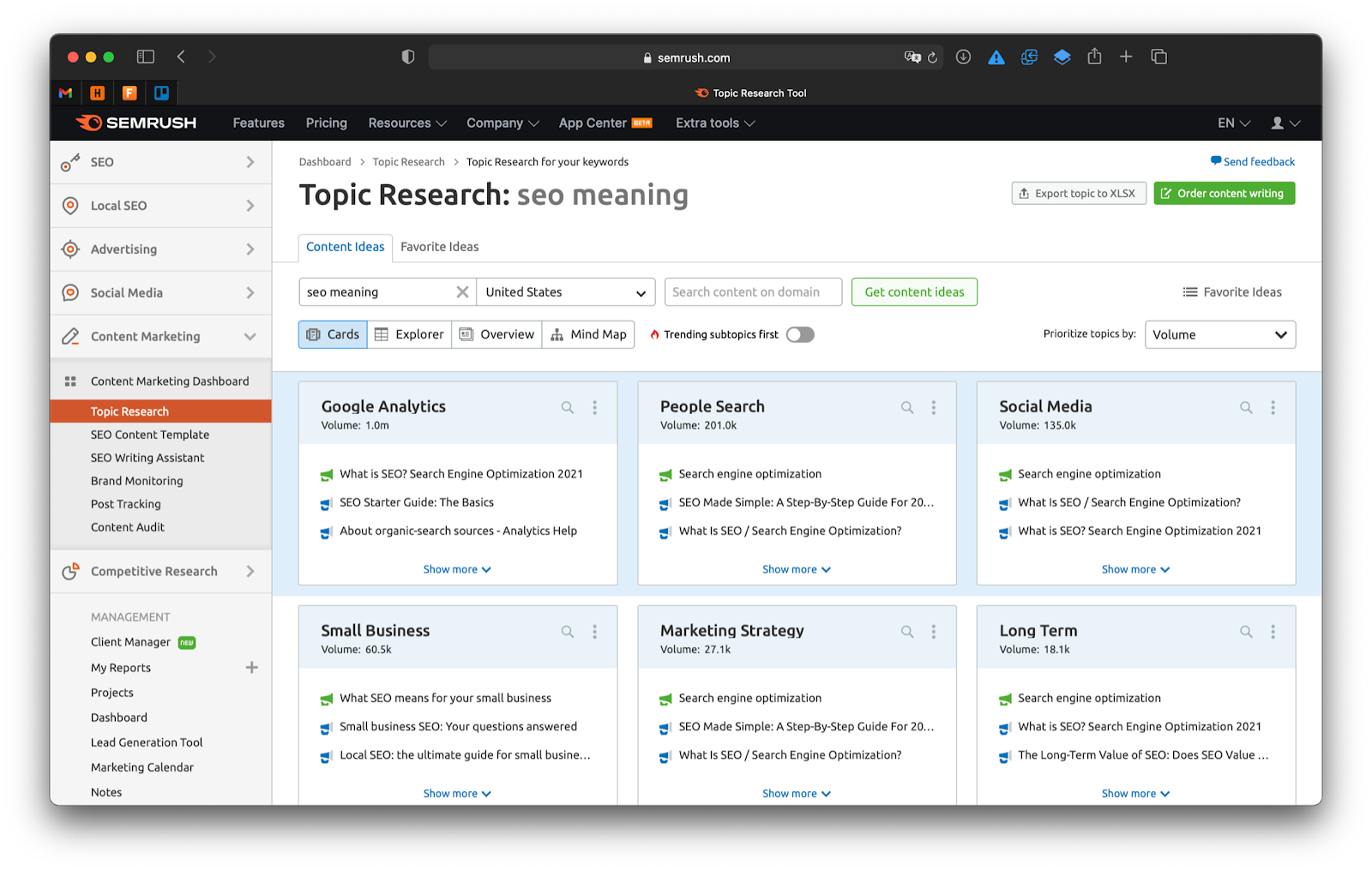 Screenshot of SEMrush view inside the Topic Research Tool.