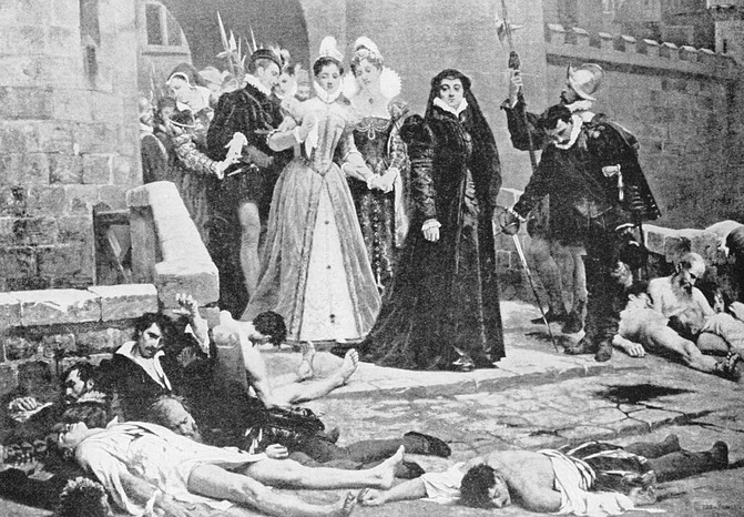 Engraved scene depicting Catherine de Medici surveying the aftermath of the St Bartholomew`s Day Massacre