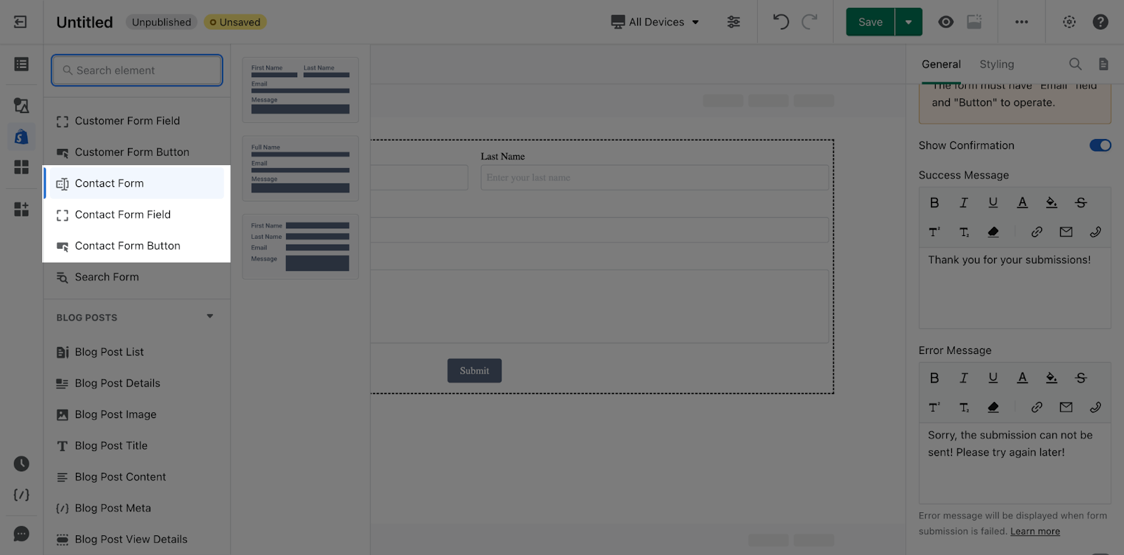 shopify elements contact form