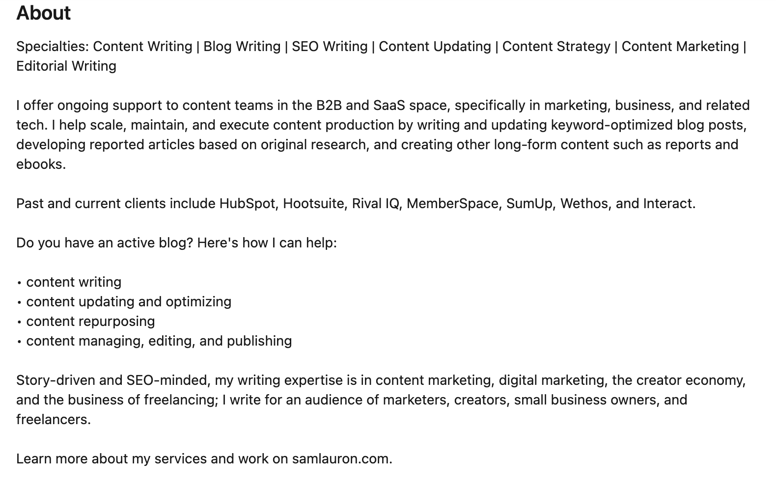 Freelance writer LinkedIn about