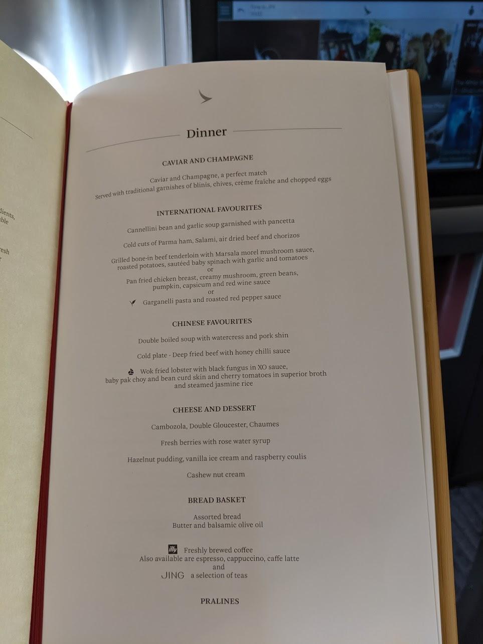 Cathay Pacific First Class Menu