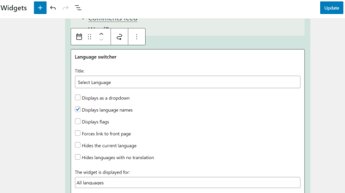 Alterar as configurações do widget do seletor de idioma